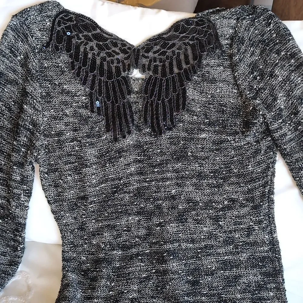 Be Somebody's Angel-Papillon Woven Sweater Sequin Angel Wings On Your Back SizeM